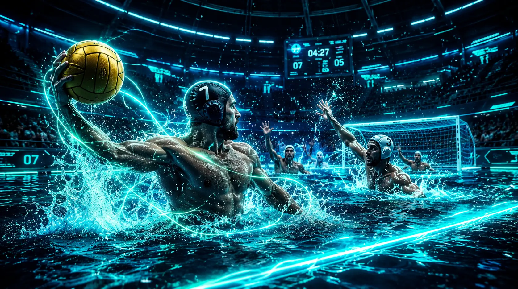 Joueur de water-polo en action dans une piscine éclairée